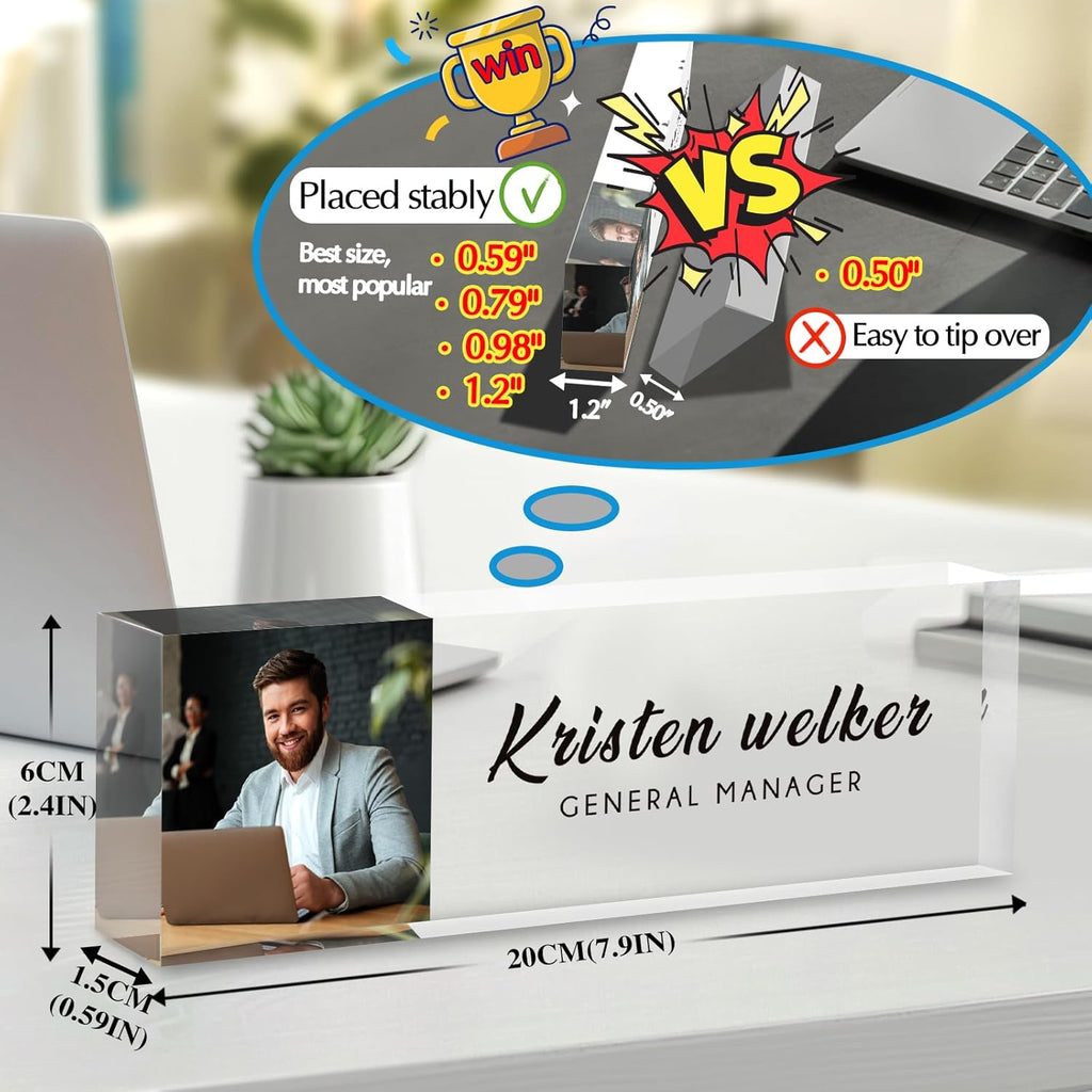 Personalized Name Plate for Desk - Custom Engraved Name Plates for Man - Boss Day Gifts for Boss - Acrylic Office Decor Appreciation Gifts for Teacher Nurse Coworker Social Worker (Colorful Photo)