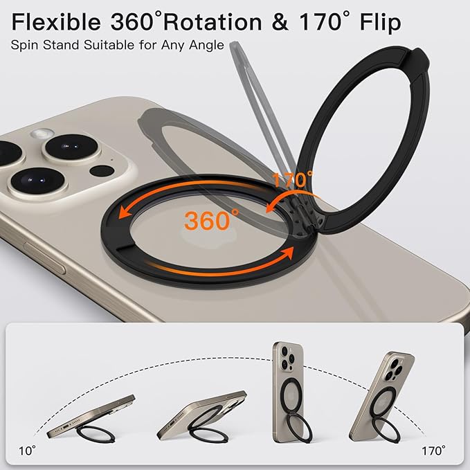 COOLQO Upgraded Magnetic Phone Ring Holder Stand, Super Magnet Cell Phone Grip Finger Kickstand Compatible with MagSafe Mag Safe Accessory for iPhone All Smartphones (1-Black)