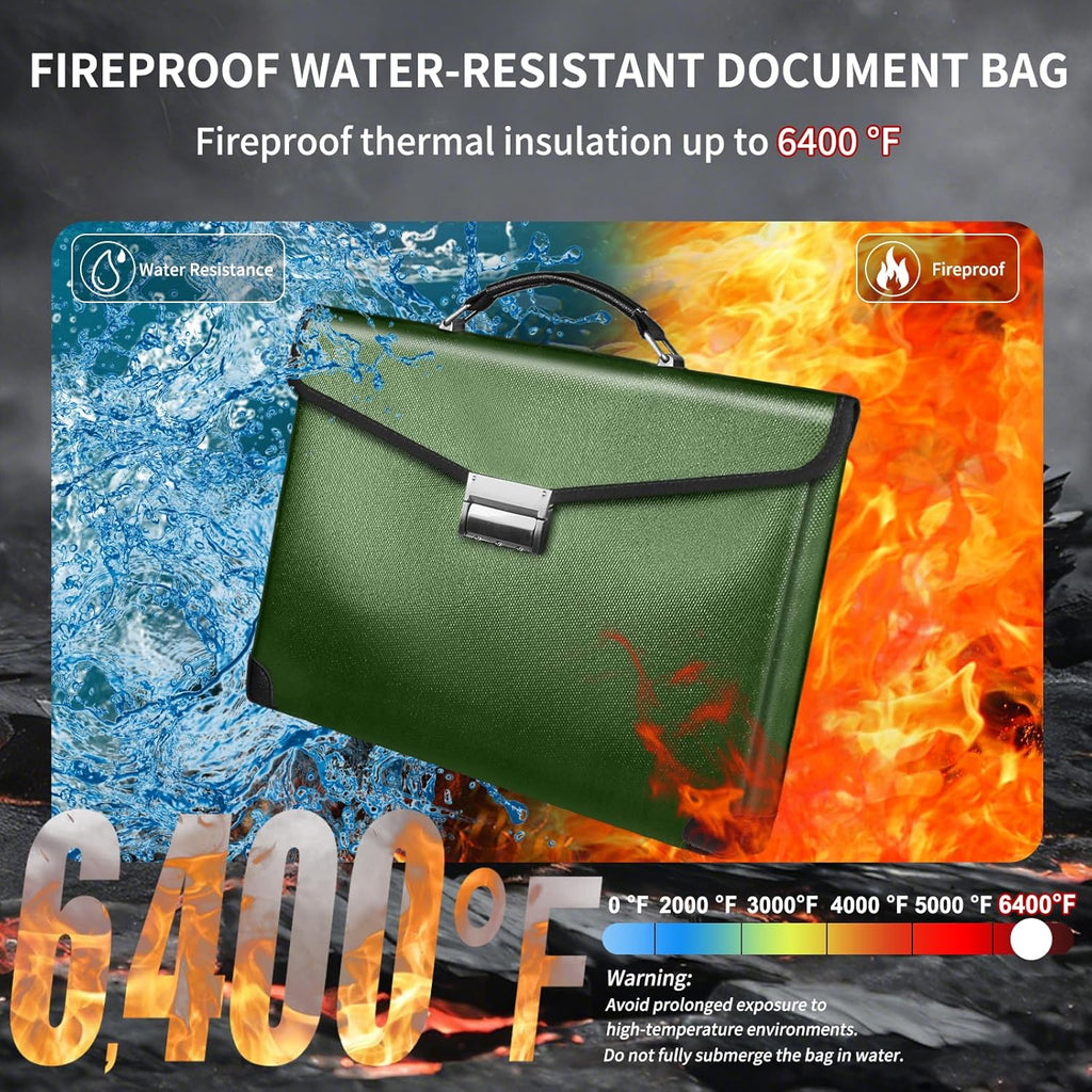 Fireproof Document Bag 14.5"X11"X2.5" Fireproof Money Bag for Cash With Lock and Zipper,Fire&Waterproof Storage Organizer Pouch for Valuables,Legal Document,Laptop,Passport,(Green)
