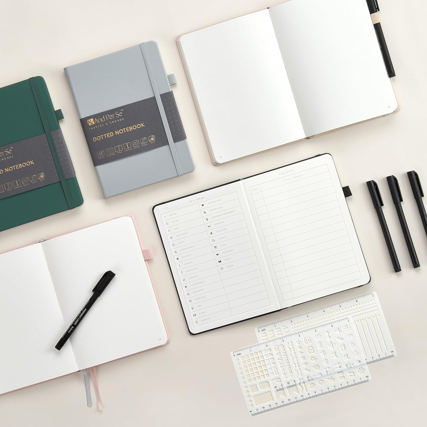 &And Per Se Bullet Dotted Journal Notebook, A5 Leather Hardcover, 176 Numbered Pages 100GSM Thick Dotted Paper, 2 Sheets of Stencils Included - 5.7'' x 8'' (Cyan)