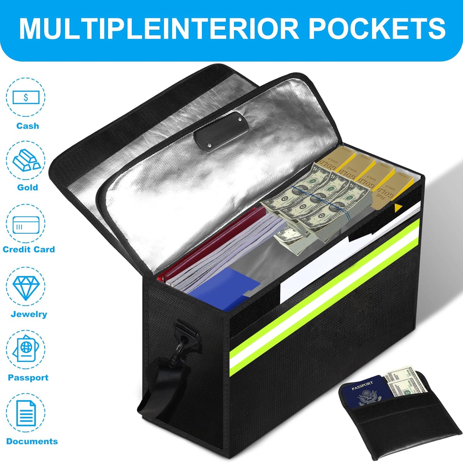 6500°F Fireproof Document Bag with Lock-Fireproof Box with 10 Layers Insulation Materials&Waterproof Zipper,Removable Wallet,Reflective Strip for Cash,Documents,Jewelry(14.2”x 9.6”x 4.1”)