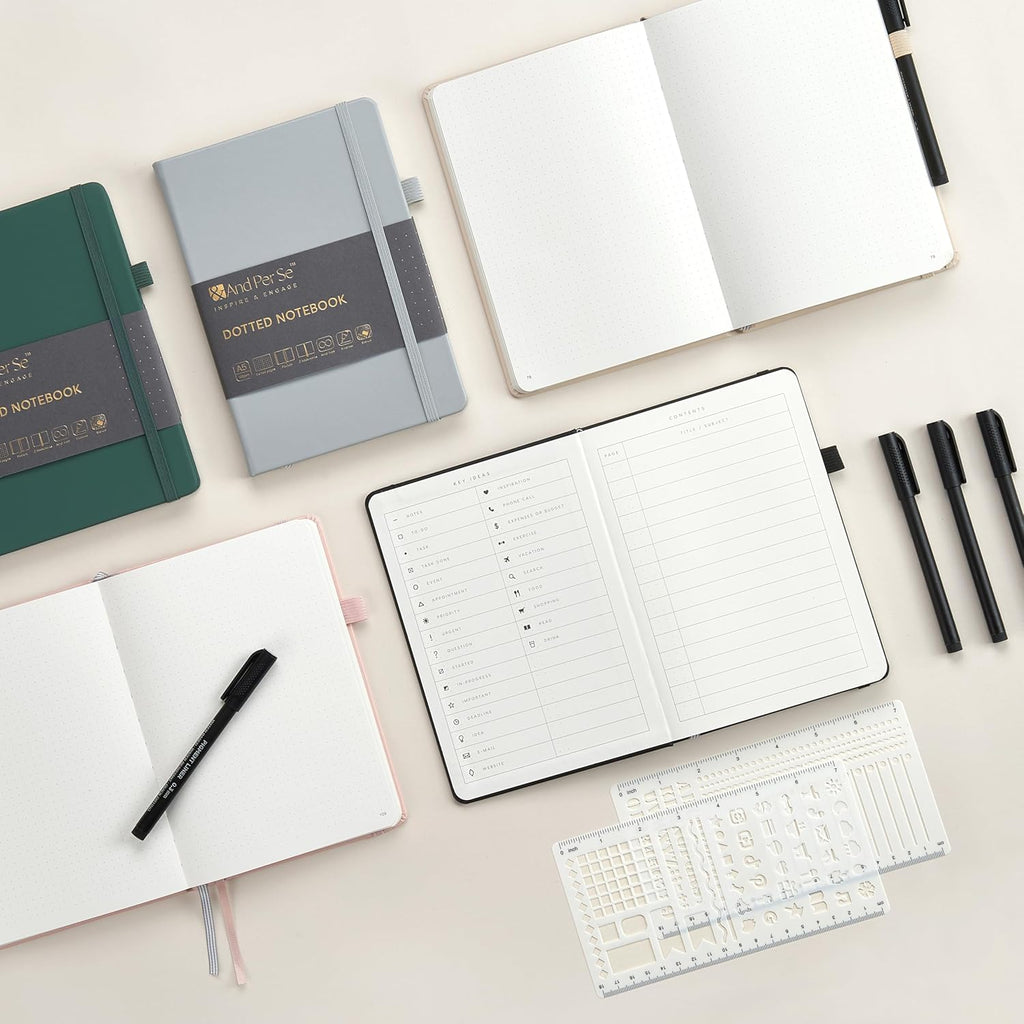 &And Per Se Bullet Dotted Journal Notebook, A5 Leather Hardcover, 176 Numbered Pages 100GSM Thick Dotted Paper, 2 Sheets of Stencils Included - 5.7'' x 8'' (Grey)