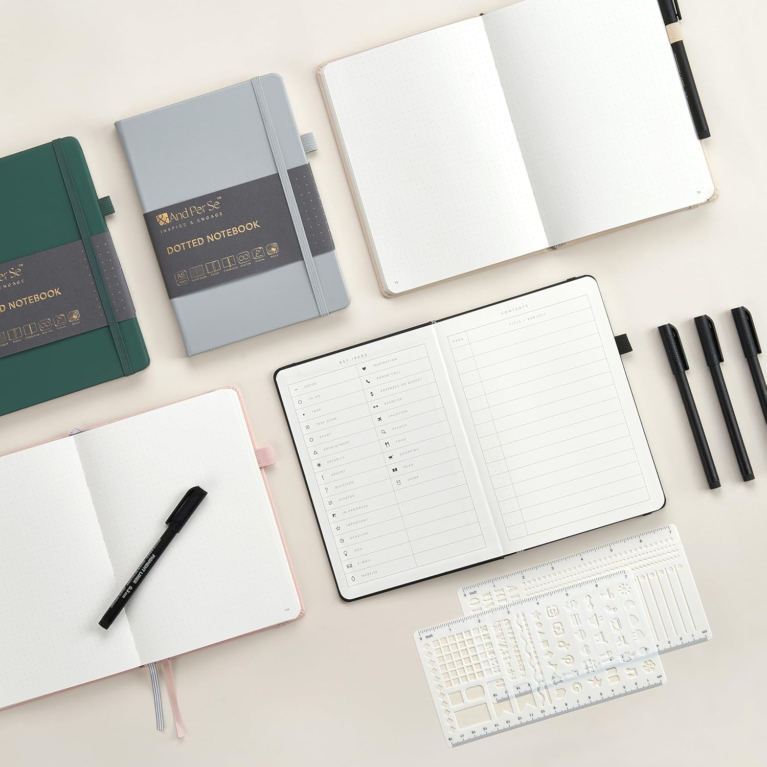 &And Per Se Bullet Dotted Journal Notebook, A5 Leather Hardcover, 176 Numbered Pages 100GSM Thick Dotted Paper, 2 Sheets of Stencils Included - 5.7'' x 8'' (Grey)