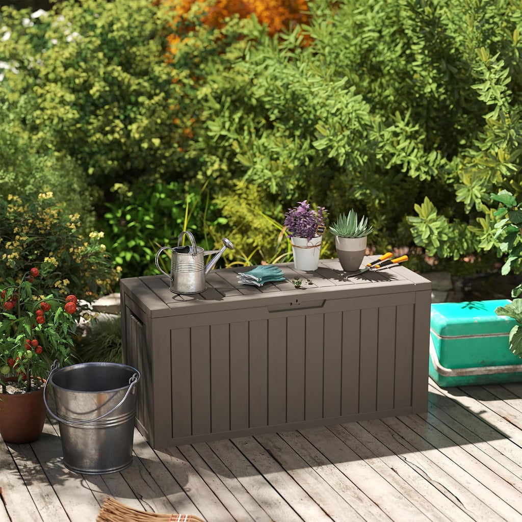 80 Gallon Outdoor Storage Box with Wheels, Waterproof Lockable Resin Deck Box Patio Storage Bin for Pool Accessories Cushion Furniture, Garden Tools, UV-Resistant Outside Delivery Grey