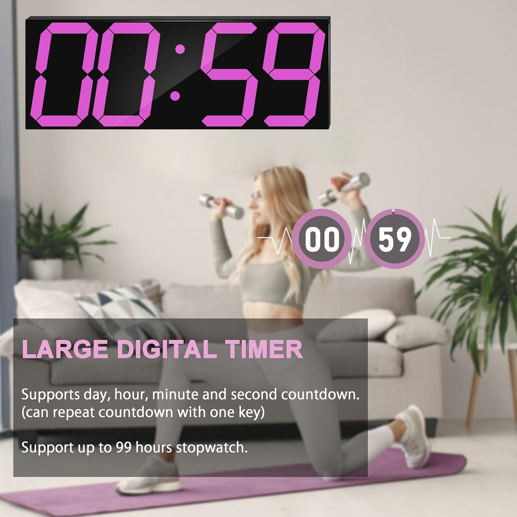 LED Large Digital Wall Clock, Oversize Wall Clock with 6” Numbers, Remote Control Count up/Countdown Timer Clock, Auto Dimmer, Big Calendar and Thermometer(Purple)