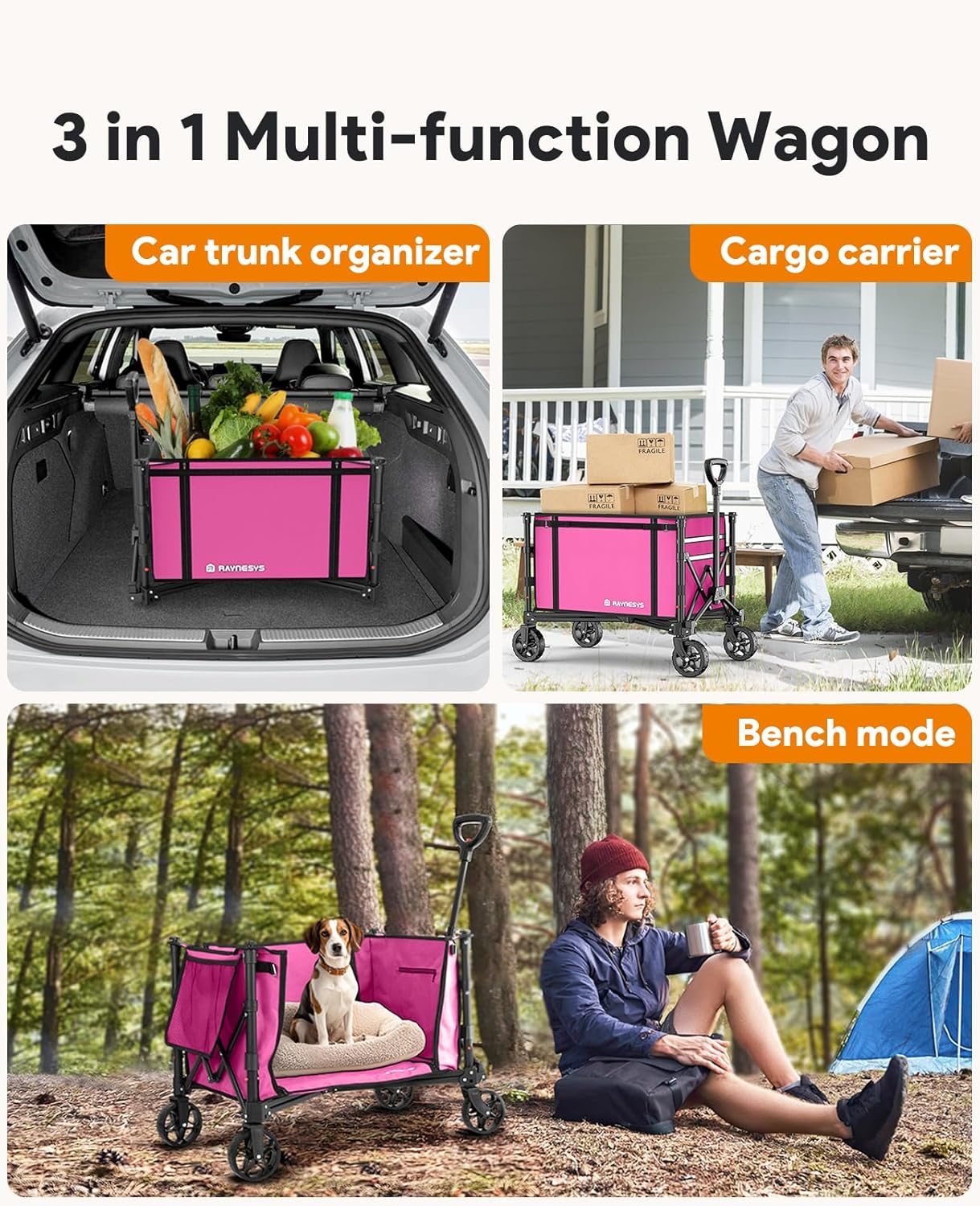 3 in 1 Collapsible Wagon Converts to Bench, 220lbs Foldable Wagon Cart with Wheels, 120L Shopping Cart for Groceries Folding Utility Wagon for Beach, Garden, Camping, Sport, Wheelbarrows, Pink