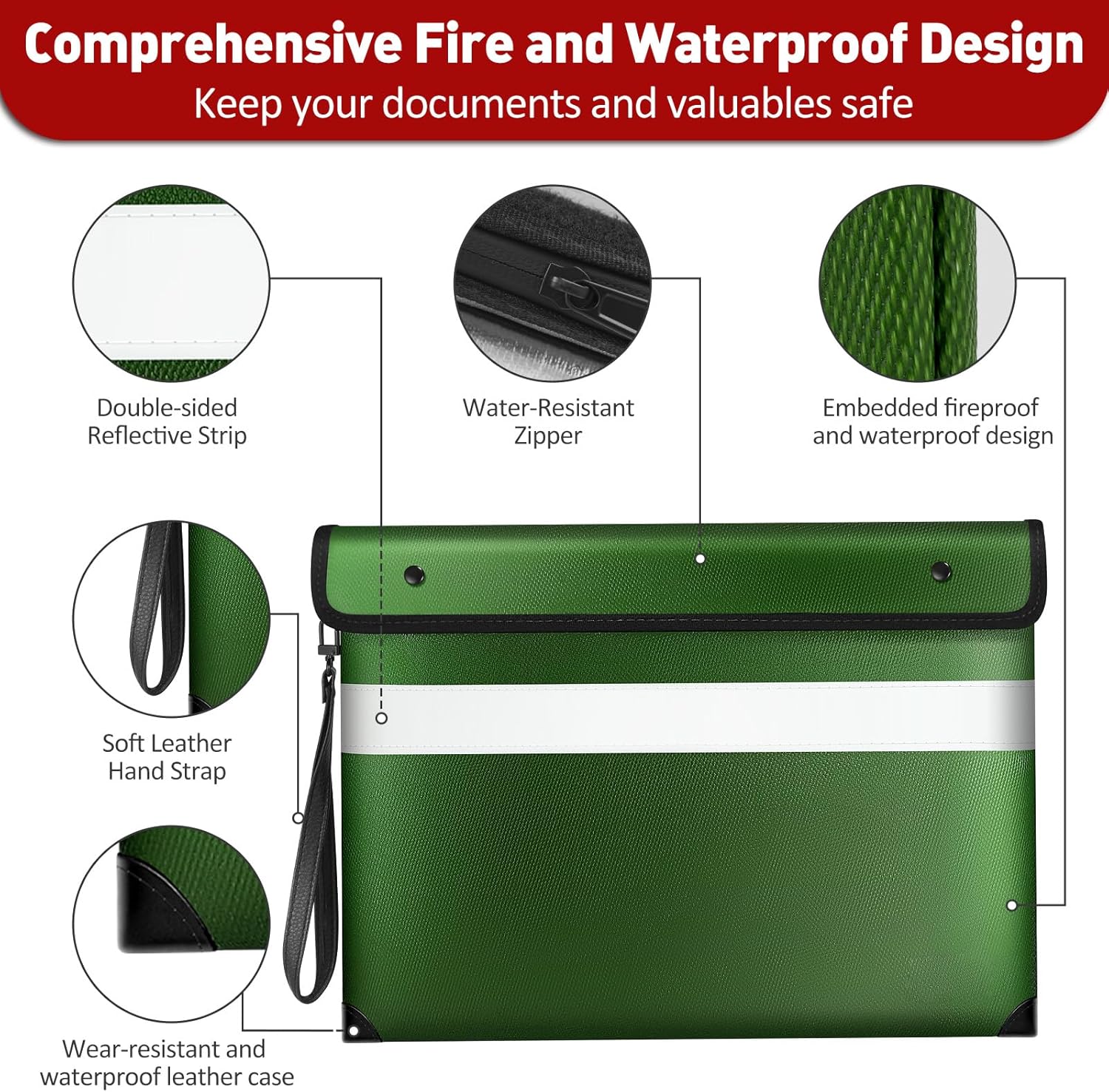 Fireproof Document Bag with Water Resistant Zipper（13.9"x10.6"）,6200°F Heat Insulated Fire Proof Pouch with Soft Leather Hand Strap,Fire and Waterproof Envelope for Cash,Documents,Jewelry(Green)