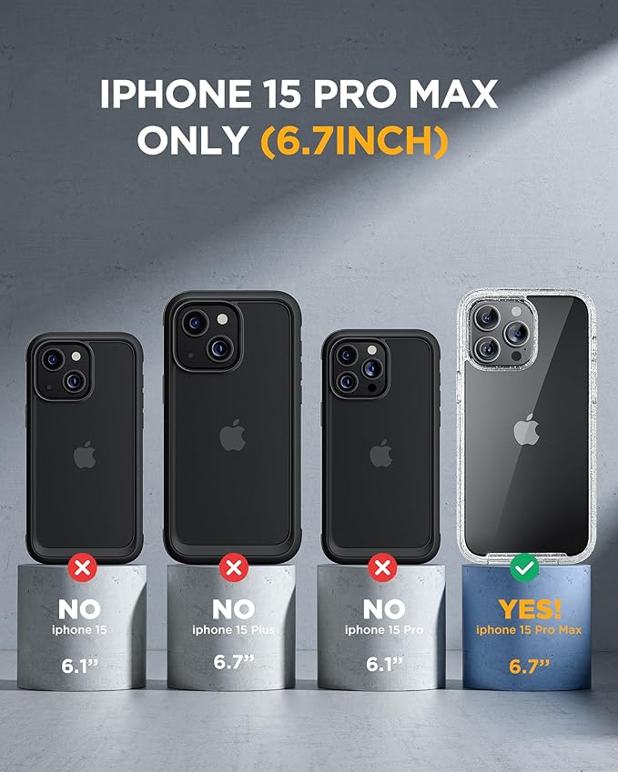 Miracase Glass Series for iPhone 15 Pro Max Case 6.7 Inch, Full-Body Drop Proof Phone Case for iPhone 15 Pro Max with Built-in 9H Tempered Glass Screen Protector + Camera Protector, Clear Glitter