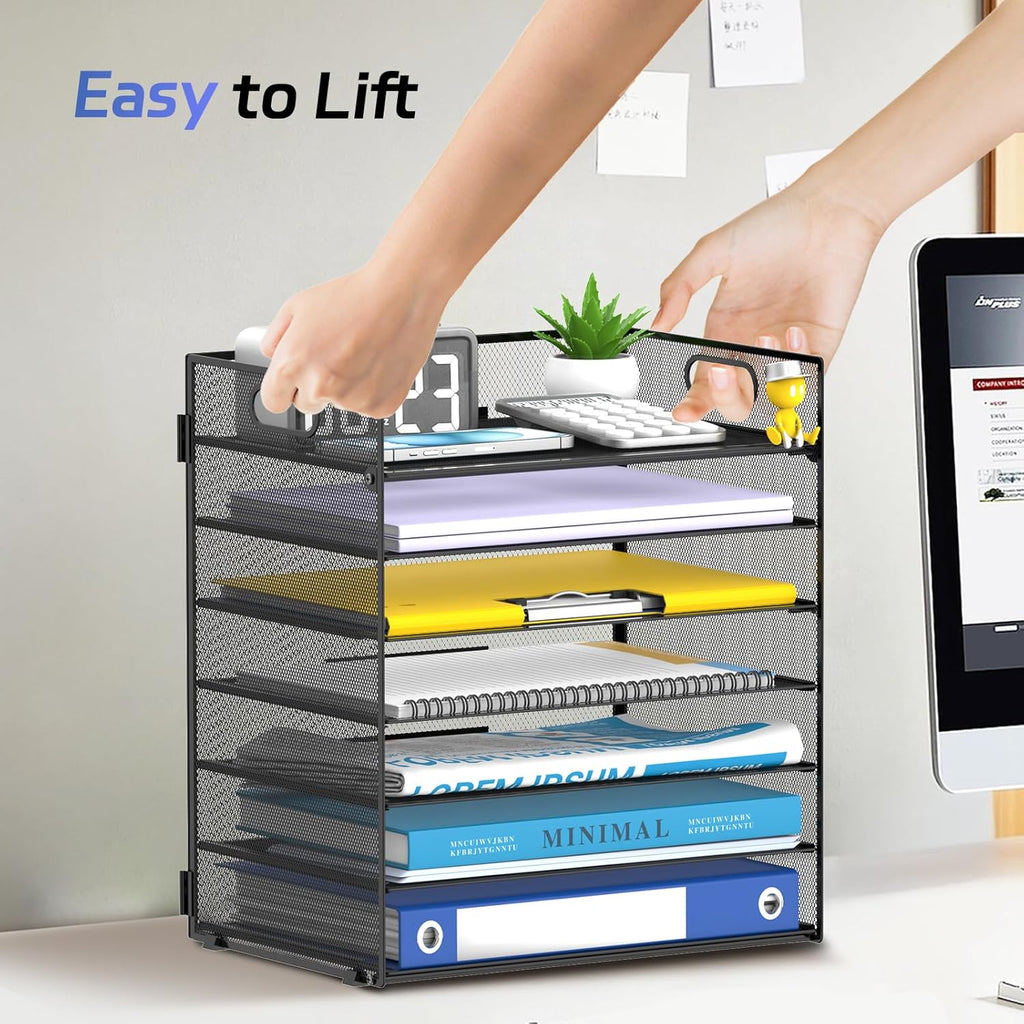 7-Tier Paper Organizer for Desk, Letter Tray with Handle Mesh Desk File Organizer, Workspace Organizers, Paper Sorter Organizer for Office Home School (Black)