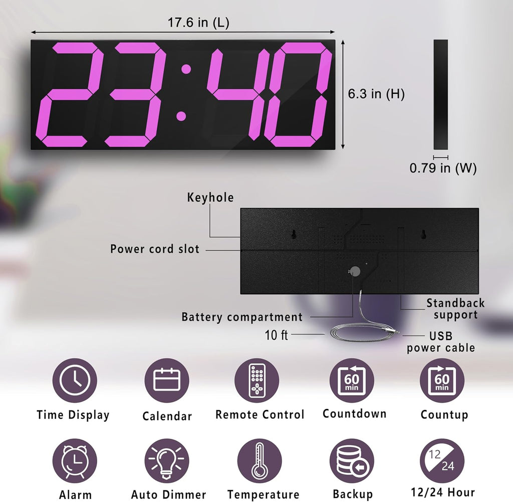 LED Large Digital Wall Clock, Oversize Wall Clock with 6” Numbers, Remote Control Count up/Countdown Timer Clock, Auto Dimmer, Big Calendar and Thermometer(Purple)
