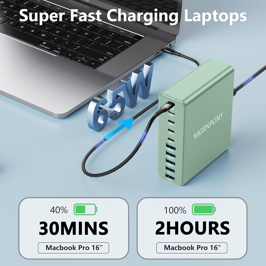 320W USB C Charger Block, 10-Port USB C Charging Station GaN III PD 65W PC Laptop Fast Charger Adapter for MacBook Pro/Air, DELL, iPad, iPhone, Samsung Galaxy (Green)