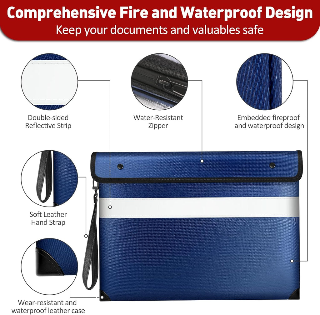 Vailoin Fire Proof Bag with Water Resistant Zipper（13.9"x10.6"）,6200°F Heat Insulated Fireproof Money Pouch with Hand Strap,Fireproof Water Proof Envelopes for Crucial Documents，Contracts (Blue)