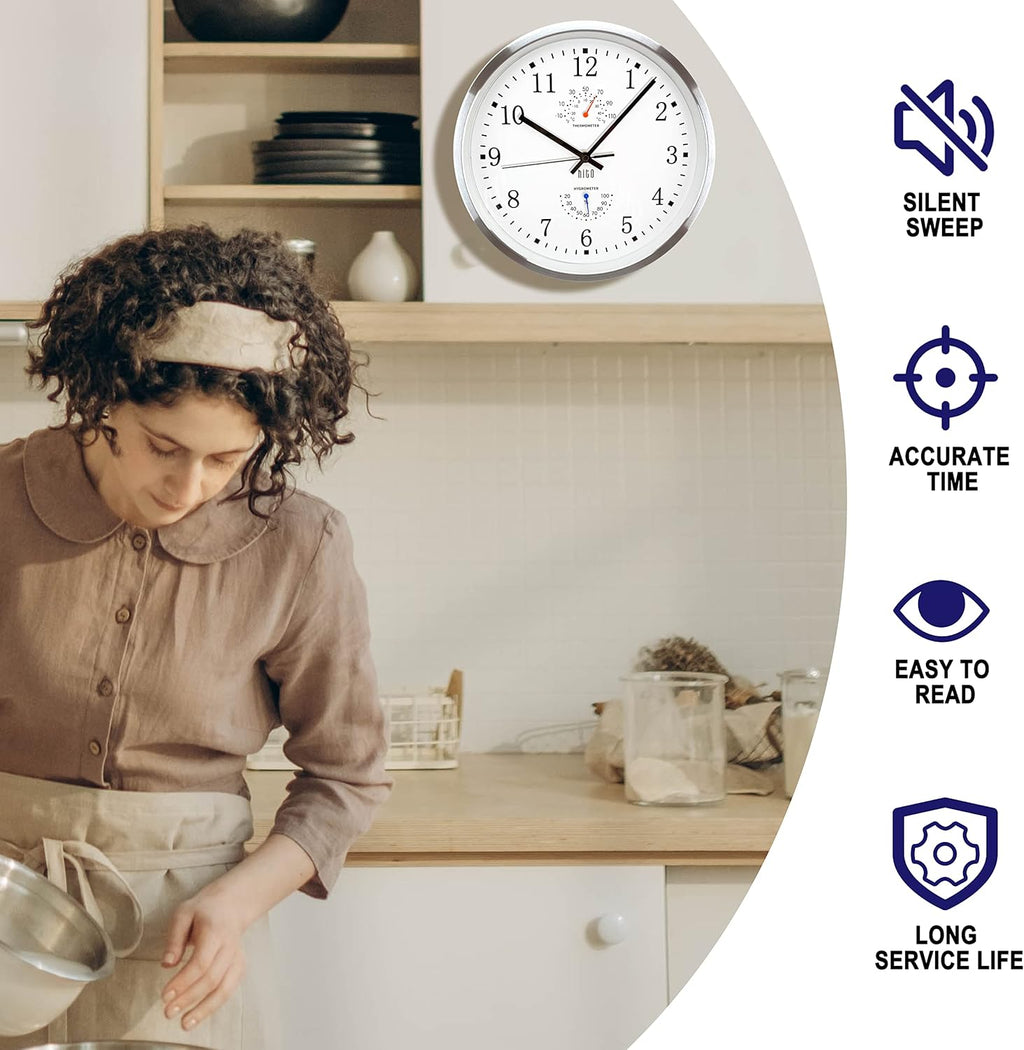 HITO 12 Inch Silent Wall Clock Battery Operated Non Ticking Glass Cover Silver Aluminum Frame, for Living Room Decor, Kitchen, Bedroom, Home Office (12" White)