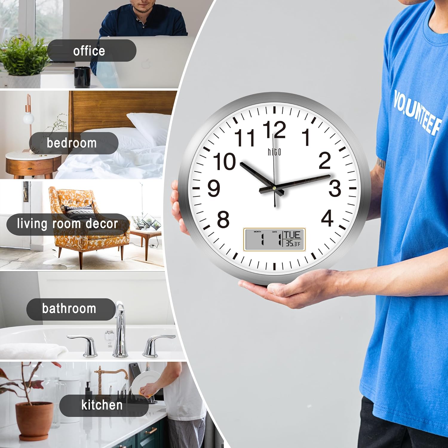 HITO 16 Inch Silent Wall Clock Battery Operated with Temperature and Date, Large Wall Clock for Living Room Decor, Office, Classroom, Bedroom