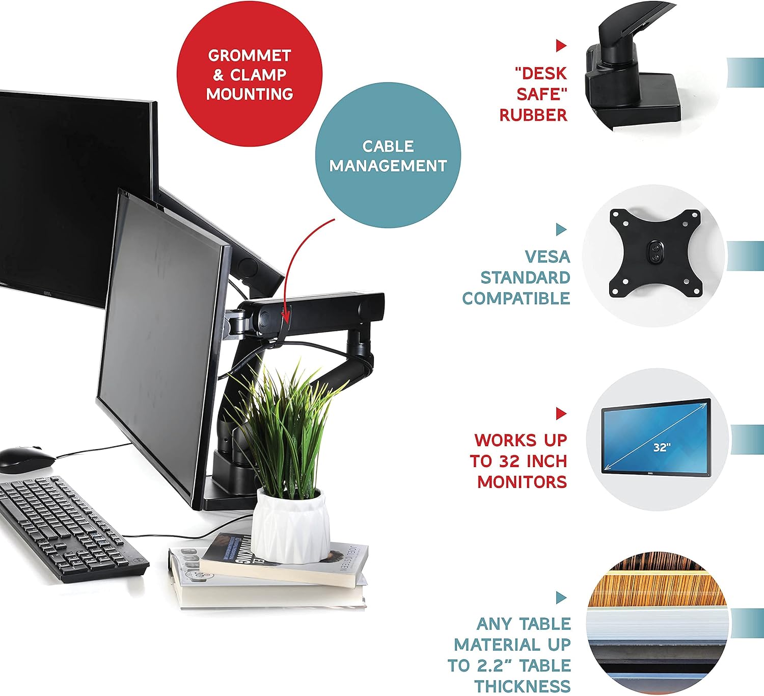 Dual Monitor Stand, Dual Monitor Arm, Dual Monitor Mount vesa Mount, up to 32 inch Monitor Desk Mount, soporte Monitor arms & Monitor Stands for 2 Monitors, Dual Monitor Riser Stand