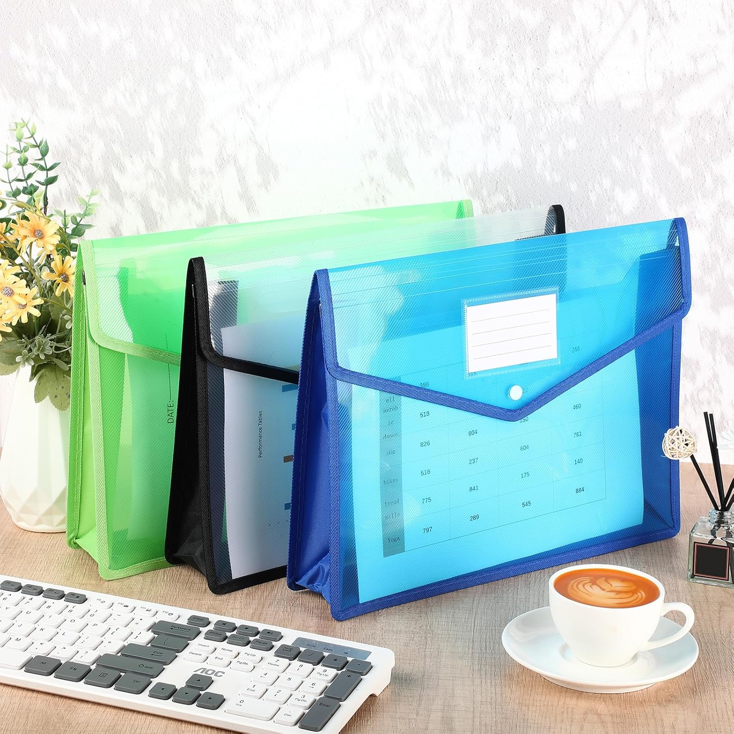 Epakh 3 Pack B4 Plastic Expanding File Folders Wallet for School Classroom Envelope File Folder Document Organizer Colorful Receipt Organizer with Snap Closure for Office (White Green Blue)