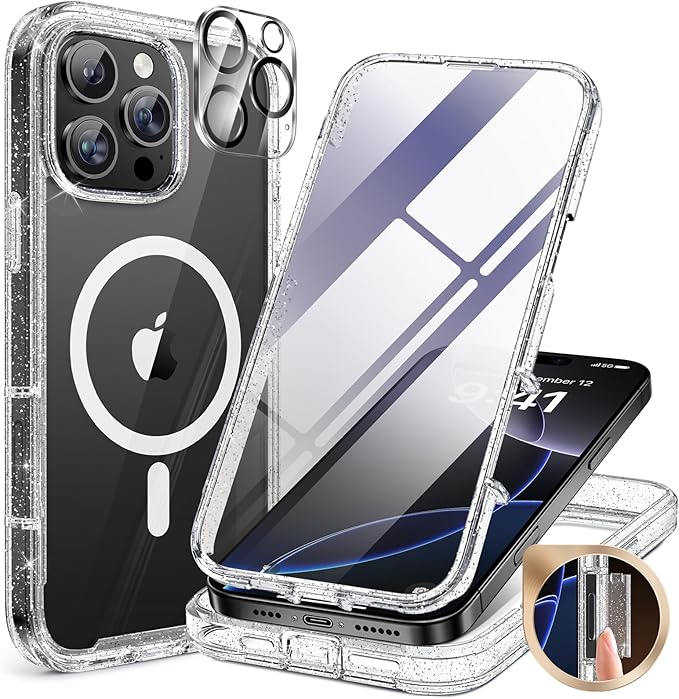 Miracase for iPhone 16 Pro Max Case 6.9'', [Bubble Free] Full-Body Bumper Phone case with Built-in Full Glass Screen &Lens Protector,Compatible with MagSafe,Drop Proof 16 Pro Max Cover,Clear Glitter