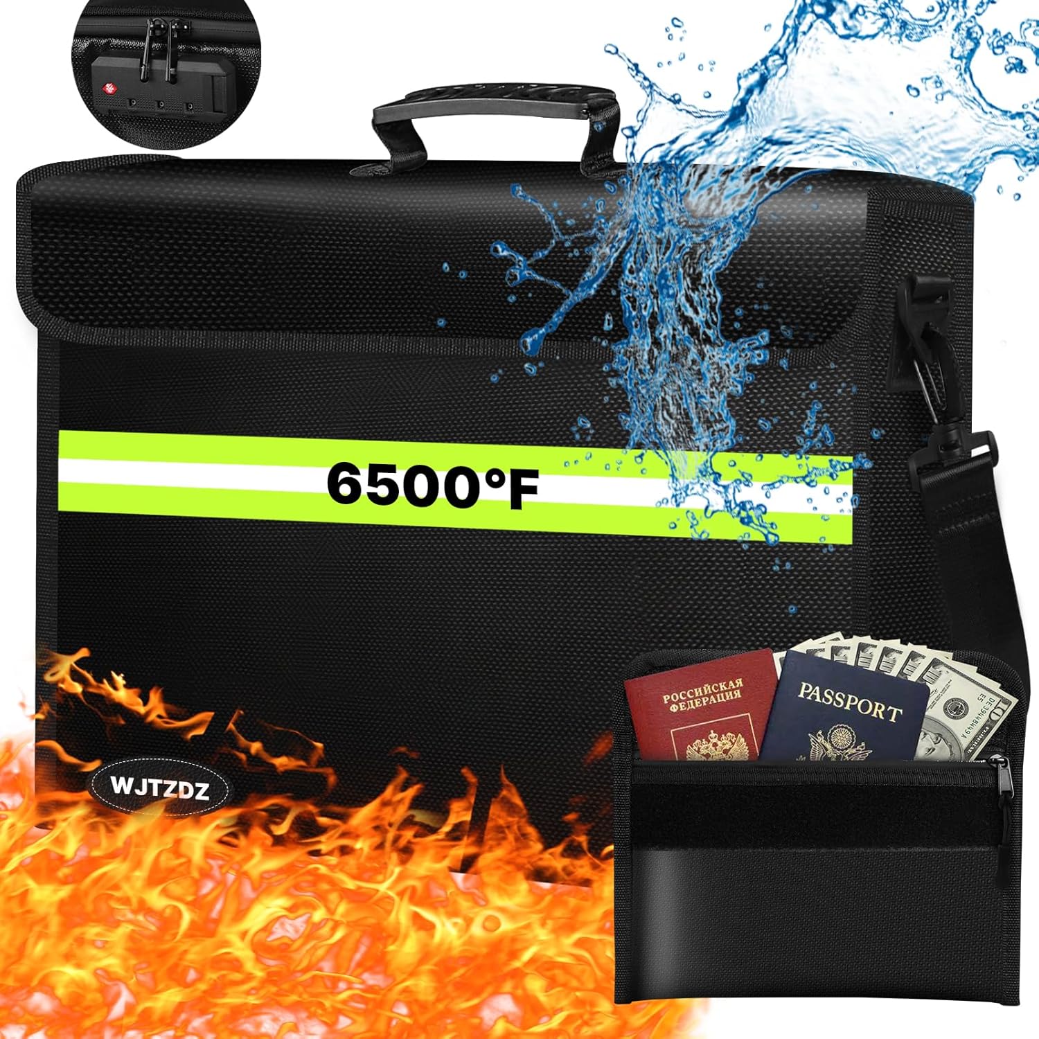 6500°F Fireproof Document Bag with Lock-Fireproof Box with 10 Layers Insulation Materials&Waterproof Zipper,Removable Wallet,Reflective Strip for Cash,Documents,Jewelry(14.2”x 9.6”x 4.1”)
