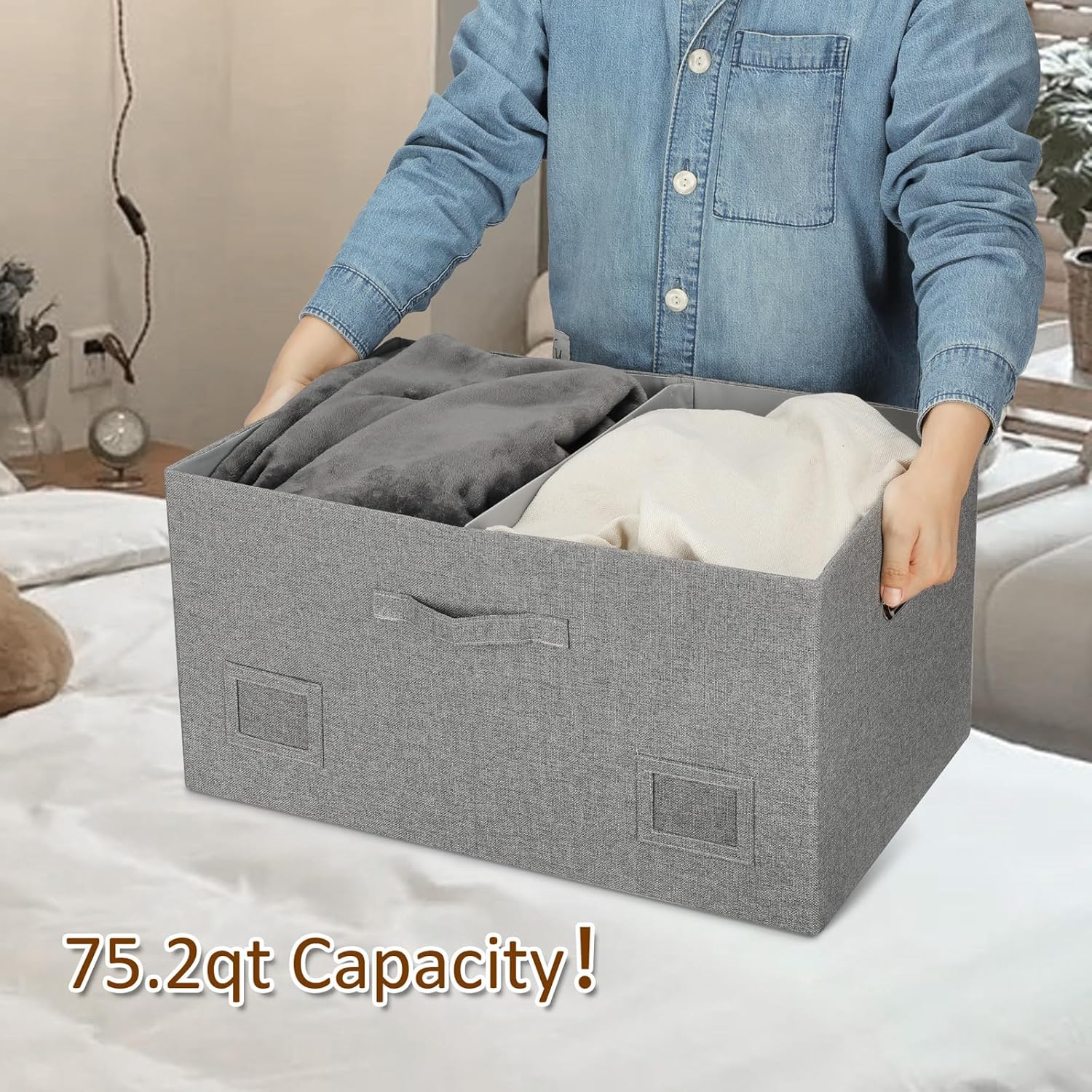 75 Quarts Extra Large Decorative Storage Bins with Lids, 1 Pack Gray Collapsible Storage Bins with Lids, Stackable Storage Bins Decorative Box Storage With Lid Extra Large