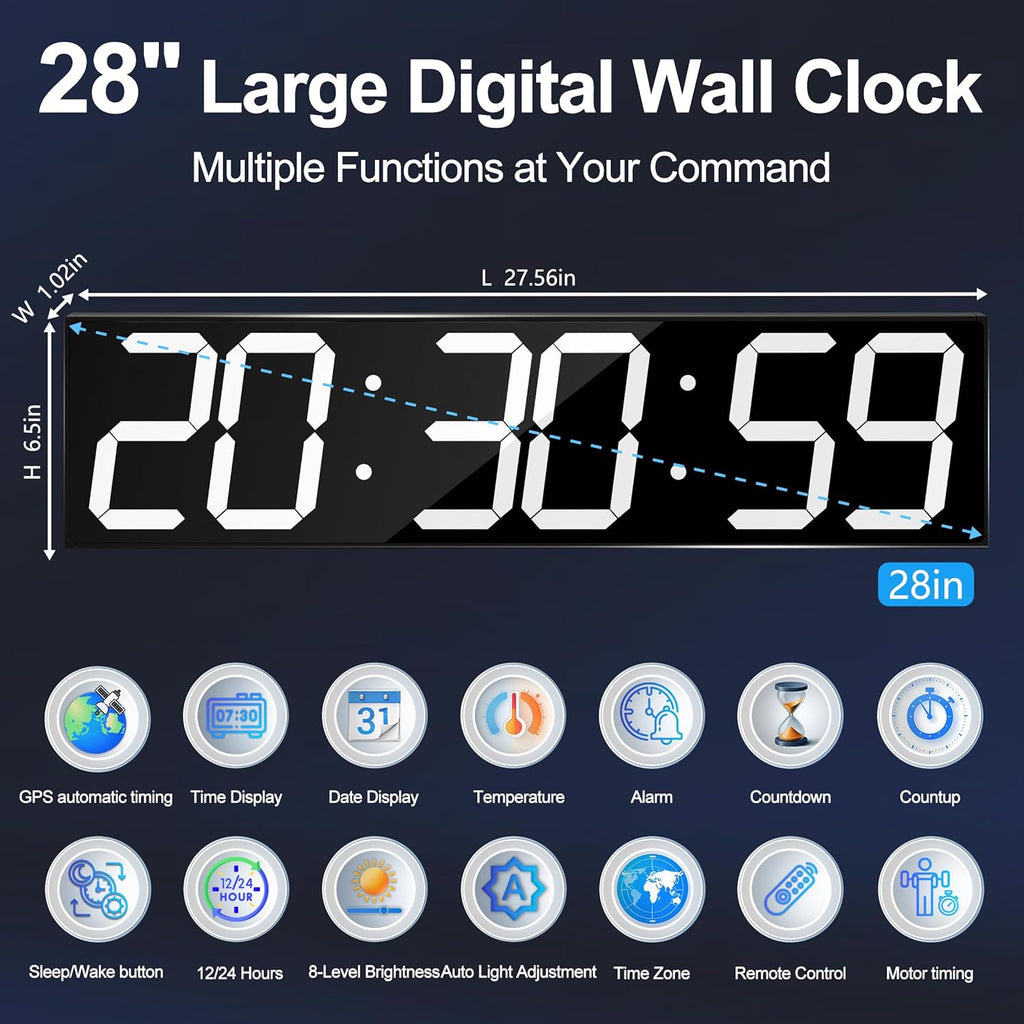 Large Digital Wall Clock 28" with GPS Auto-Sync, Remote Control & Timer, Wall-Mounted for Classroom, Office, Gym, Conference Room