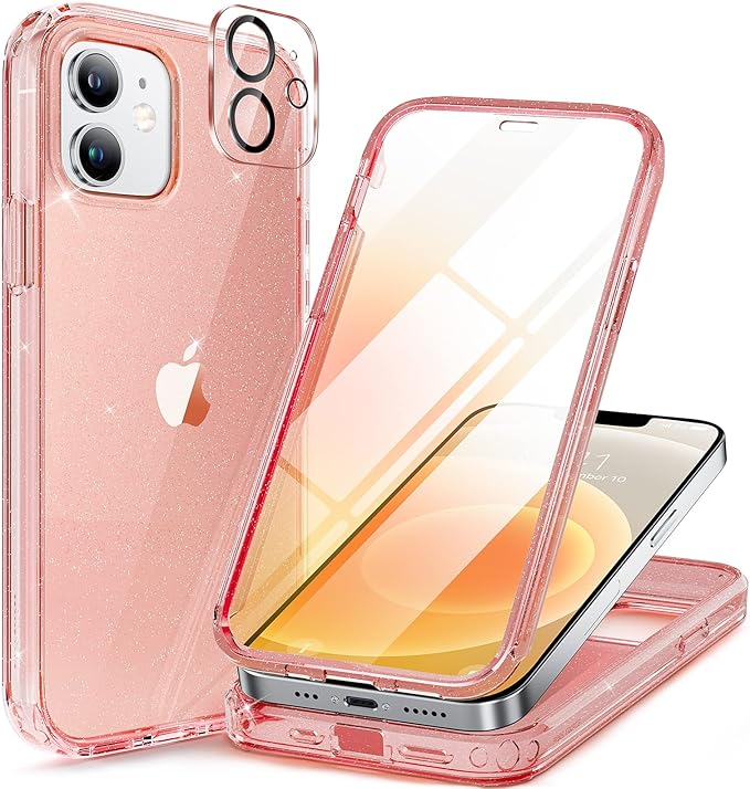 Miracase Glass Series for iPhone 12/12 Pro Case 6.1 inch, Upgraded Full-Body Rugged Phone Bumper Case Cover with Built-in 9H Tempered Glass Screen Protector and Camera Protector, Glitter Rose