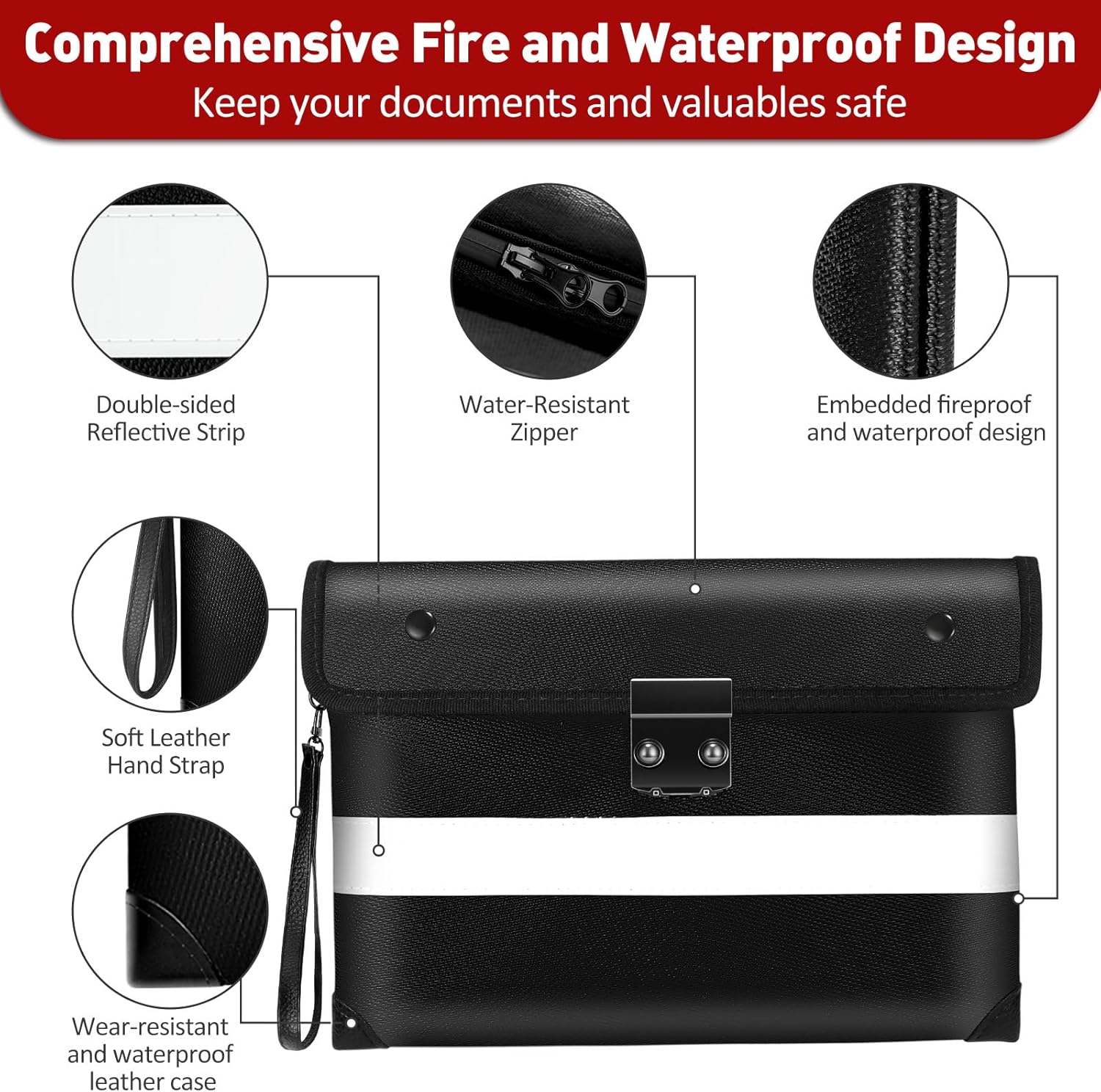 Vailoin Upgraded Lockable Fire Proof Money Bag for Cash,Locking Fireproof Envelope with Water Resistant Zipper,Fire water Proof Small Pouch with Lock,for Documents,Passport (11"x7.7",Black)