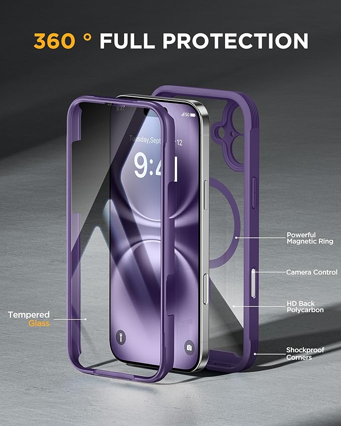 Miracase Magnetic for iPhone 16 Plus Case Full-Body Phone with Built-in Glass Screen Protector, [Compatible with MagSafe] Military Drop Proof 16 Plus Cover 6.7 inch, Purple