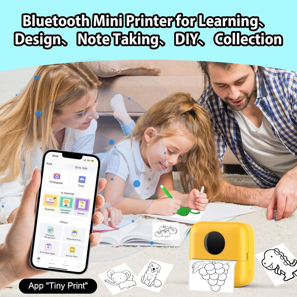 HuiJuKeJi Mini Sticker Printer Bluetooth Smart Pocket Inkless Thermal Printer with 11 Rolls Thermal Paper and Sticker for iOS&Android, Portable Receipt Printer for Photo Note Memo (Yellow)