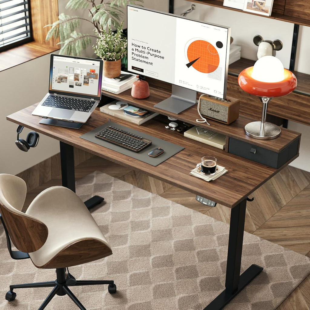 48 x 23 Inches Height Adjustable Electric Standing Desk with 2 Drawers, Stand Up Electric Desk Adjustable Height, Sit Stand Computer Gaming Table with Splice Board, Dark Walnut