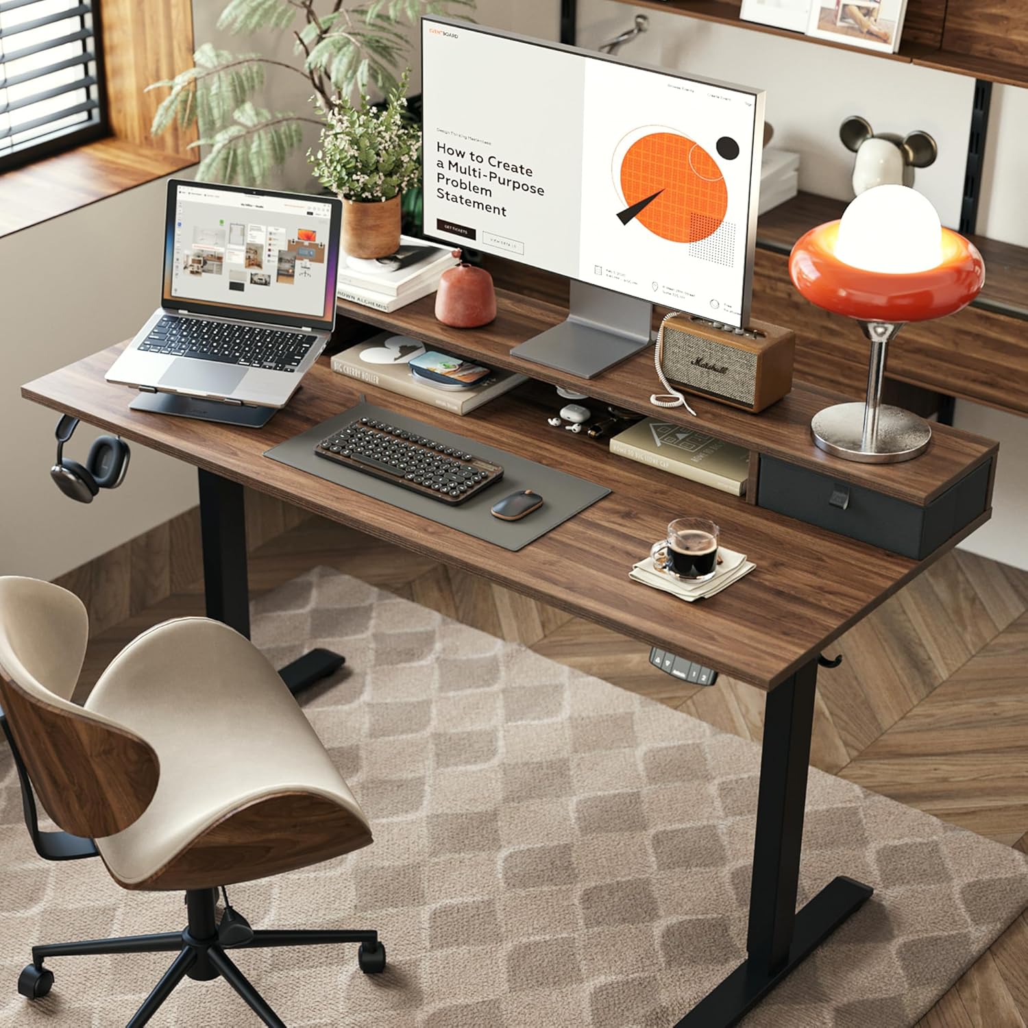 48 x 23 Inches Height Adjustable Electric Standing Desk with 2 Drawers, Stand Up Electric Desk Adjustable Height, Sit Stand Computer Gaming Table with Splice Board, Dark Walnut