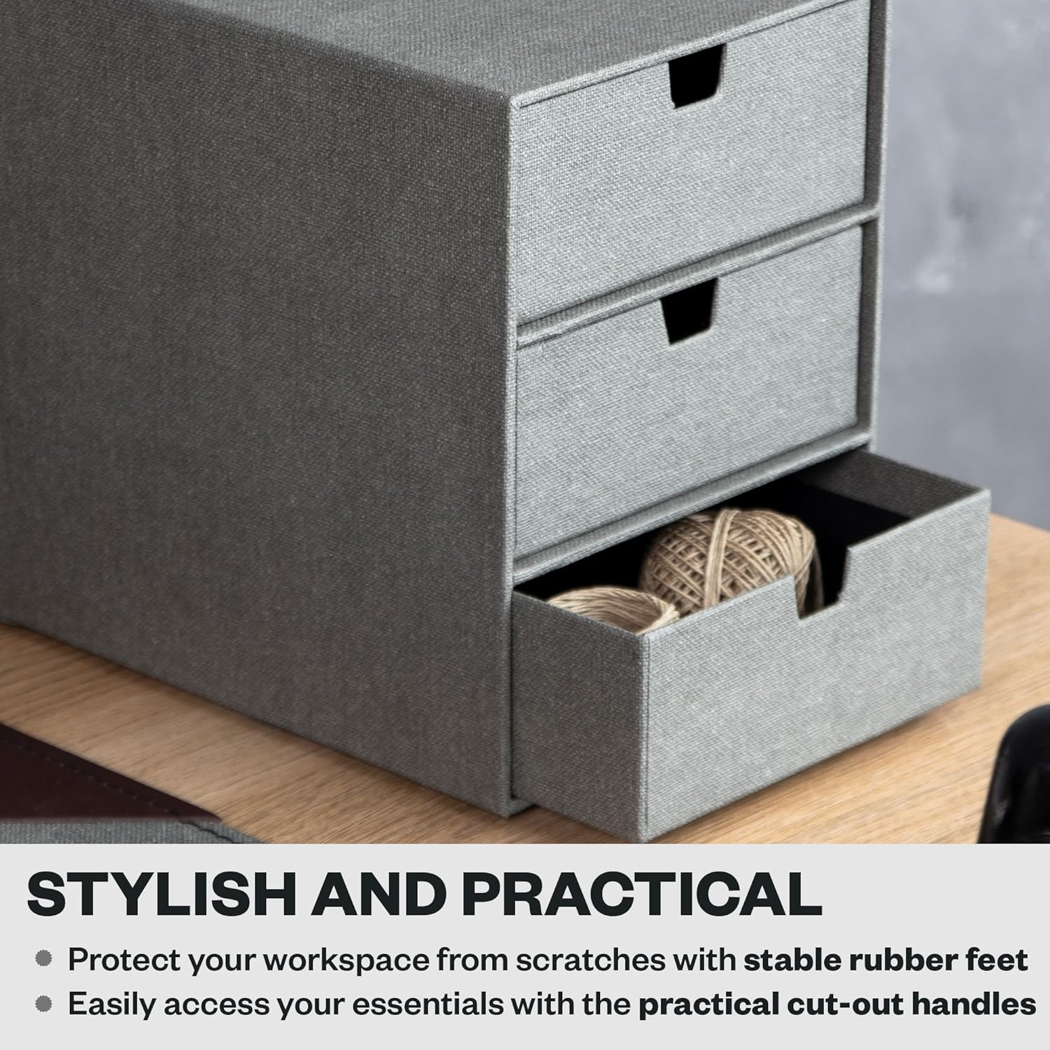 Bigso Box of Sweden Ingrid 3-Drawer Canvas Fiberboard Desk Organizer for Office Supplies and Accessories - Stackable Makeup Drawer Organizer - 6.3in x 9.9in x 8.1in - Grey