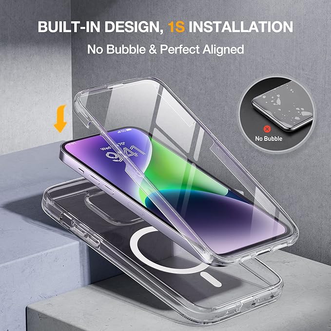 Miracase Magnetic for iPhone 14 Case 6.1'', [Bubble Free] Full-Body Bumper Phone case with Built-in Full Glass Screen &Lens Protector,No Gap,Compatible with MagSafe,Drop Proof 14 Cover,Clear