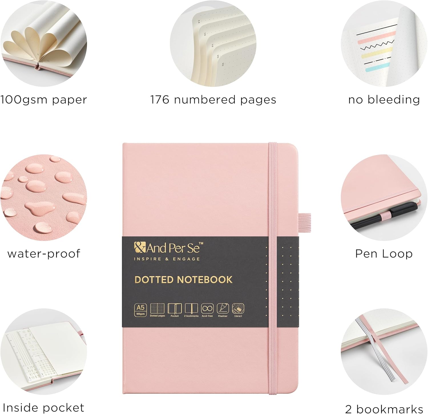 &And Per Se Bullet Dotted Journal Notebook, A5 Leather Hardcover, 176 Numbered Pages 100GSM Thick Dotted Paper, 2 Sheets of Stencils Included - 5.7'' x 8'' (Pink)