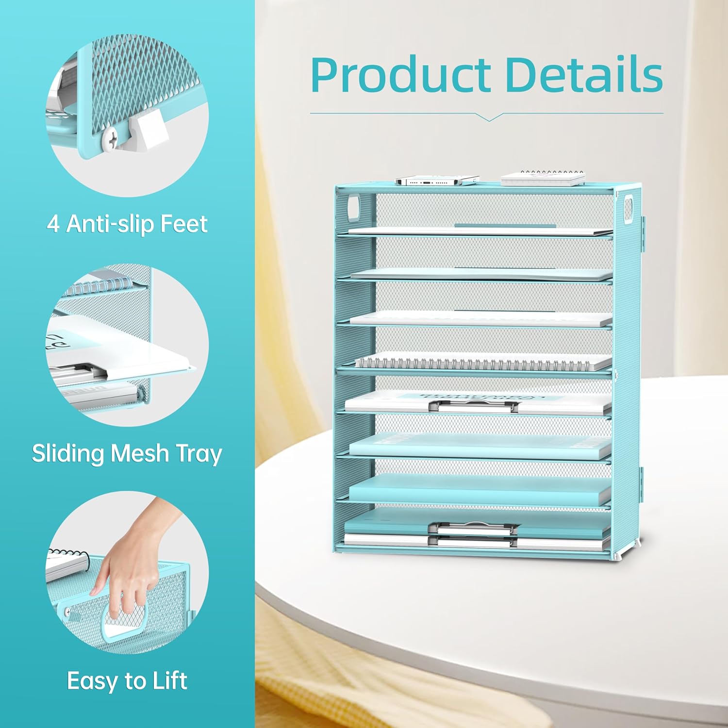 DALTACK 9-Tier Paper Letter Tray Desk Organizer with Handles, Mesh File Holder Organization, Paper Sorter Desk Organizer for Office Home School, Blue 2 Pack