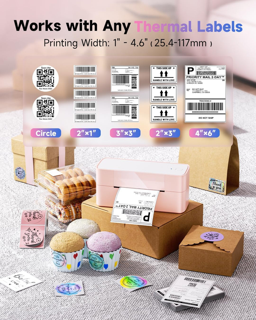 Bluetooth Thermal Label Printer Pink, Wireless 4x6 Thermal Shipping Printer Pink for Small Business & Shipping Package, Desktop Printing, Compatible with Amazon, Ebay, Shopify, Etsy, USPS
