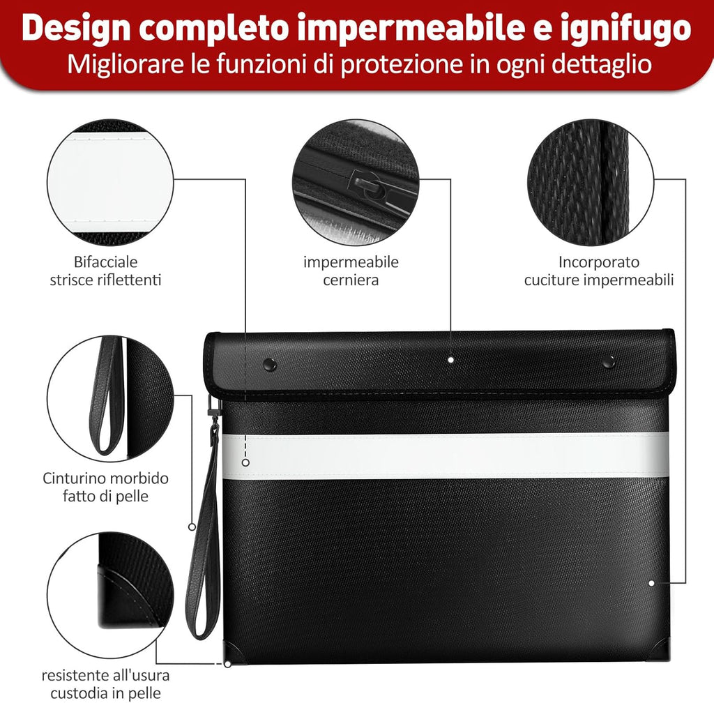 Vailoin Fireproof Document Bag with Waterproof Zipper,6200°F Insulated Fire Water Proof Money Pouch,Fireproof Envelopes for Cash,Fire Proof Bag for Important Documents, Valuables(13.9"x10.6",Black)