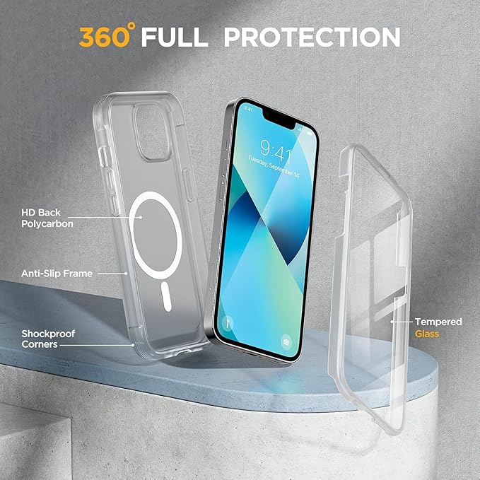 Miracase Magnetic Case for iPhone 13 Mini 5.4 Inch,with MagSafe,Built in Screen Protector,Full Body Protection(Matte Clear)