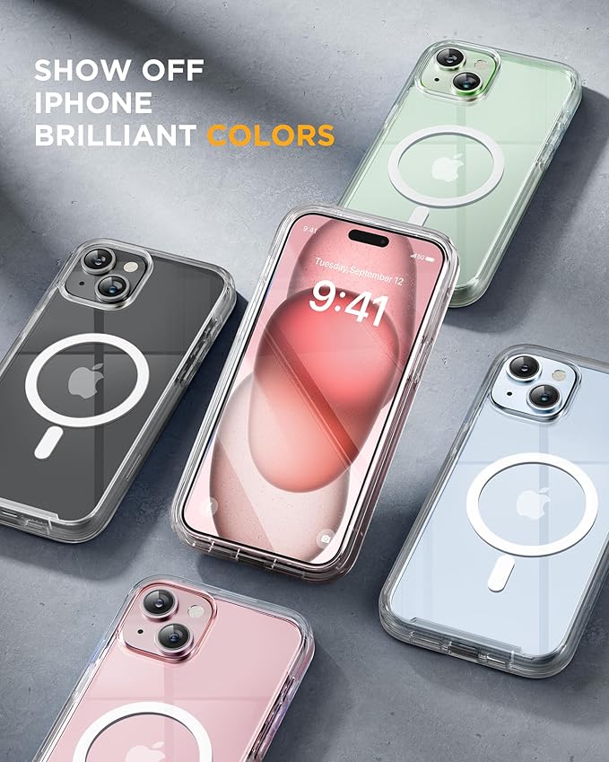 Miracase Glass Series for iPhone 15 Case [Compatible with MagSafe] Full-Body Magnetic Case with Built-in 9H Tempered Glass Anti-Fingerprint Screen Protector + Camera Lens Protector, Clear