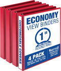 Samsill 1 Inch 3 Ring Binders, Made in USA, Economy Round Ring, Clear View Cover, 200 Sheet Capacity - for School, Home, Office - Red, 4 Pack