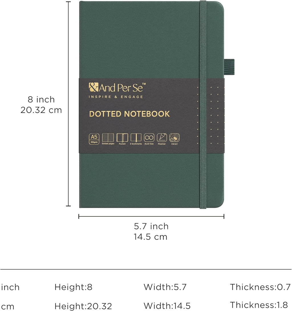 &And Per Se Bullet Dotted Journal Notebook, A5 Leather Hardcover, 176 Numbered Pages 100GSM Thick Dotted Paper, 2 Sheets of Stencils Included - 5.7'' x 8'' (Green)