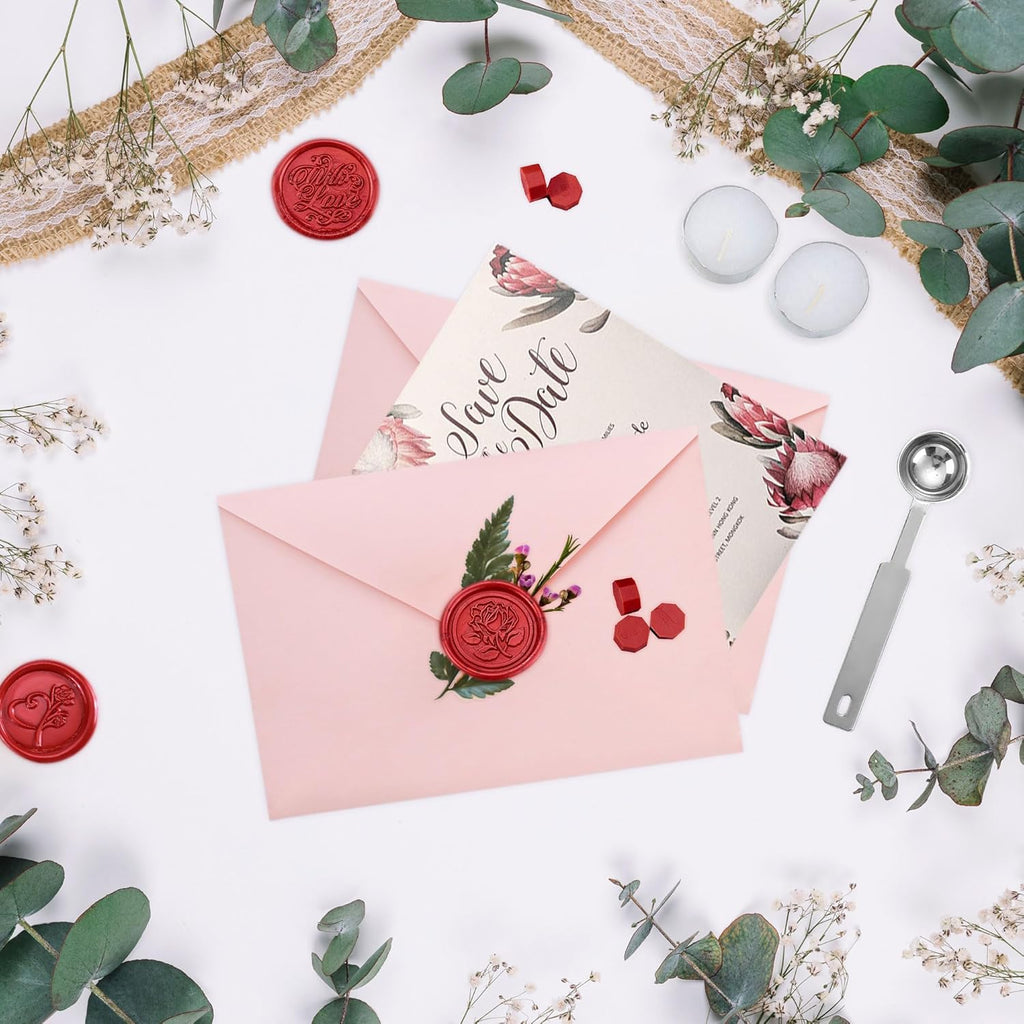 Yoption 300 Pieces Wind Red Wax Seal Beads, Vintage Octagon Wax Seal Beads with 4 Candles and 2 Wax Seal Melting Spoons for Wax Seal Stamps (Wind Red)