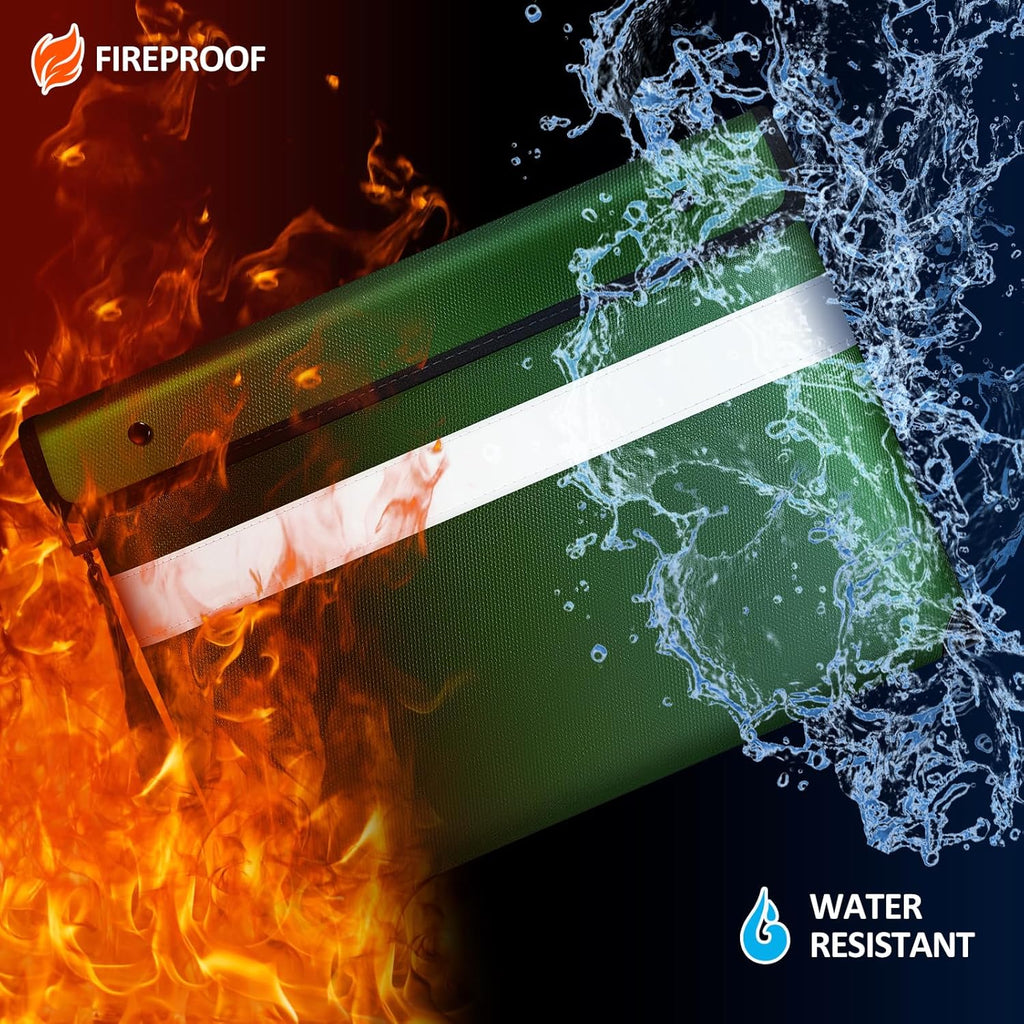 Fireproof Document Bag with Water Resistant Zipper（13.9"x10.6"）,6200°F Heat Insulated Fire Proof Pouch with Soft Leather Hand Strap,Fire and Waterproof Envelope for Cash,Documents,Jewelry(Green)