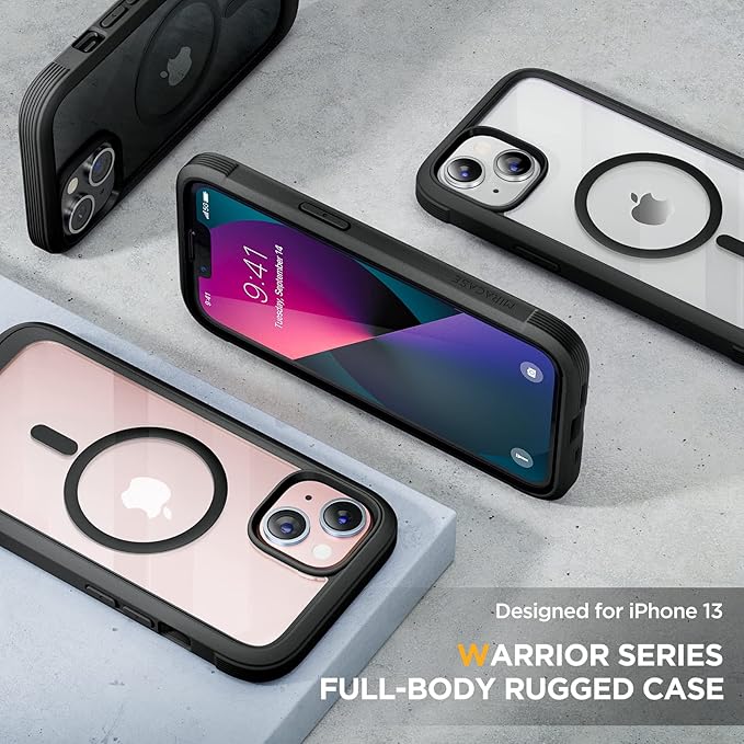 Miracase Glass Series Designed for iPhone 13 Case 6.1 inch, 2023 Upgrade Full-Body Magnetic Clear Bumper Case with Built-in 9H Tempered Glass Screen Protector,Black