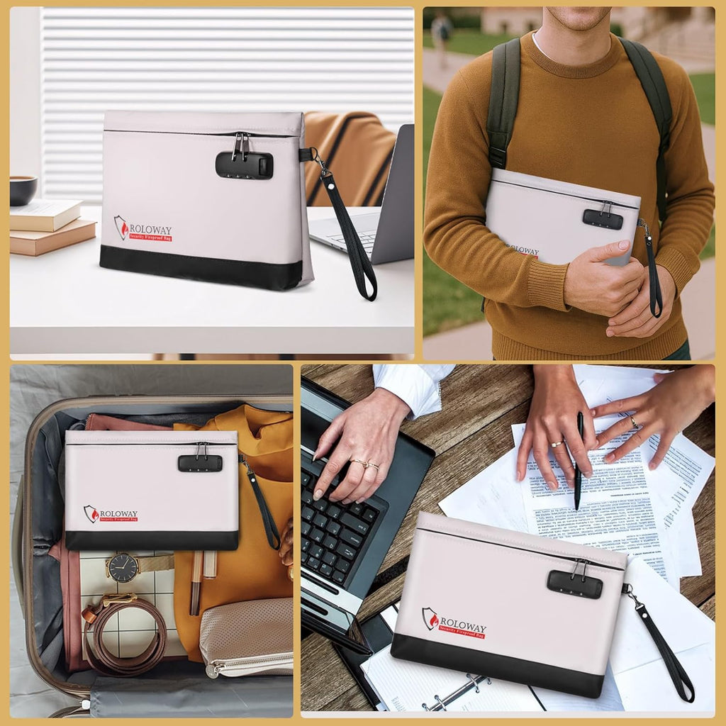 ROLOWAY Fireproof Money Bag with Lock for Cash, 6400°F Fire Proof Document Bag (12.2 x 8.5 x1.6 inches), Money Pouch with Zipper (Gray)