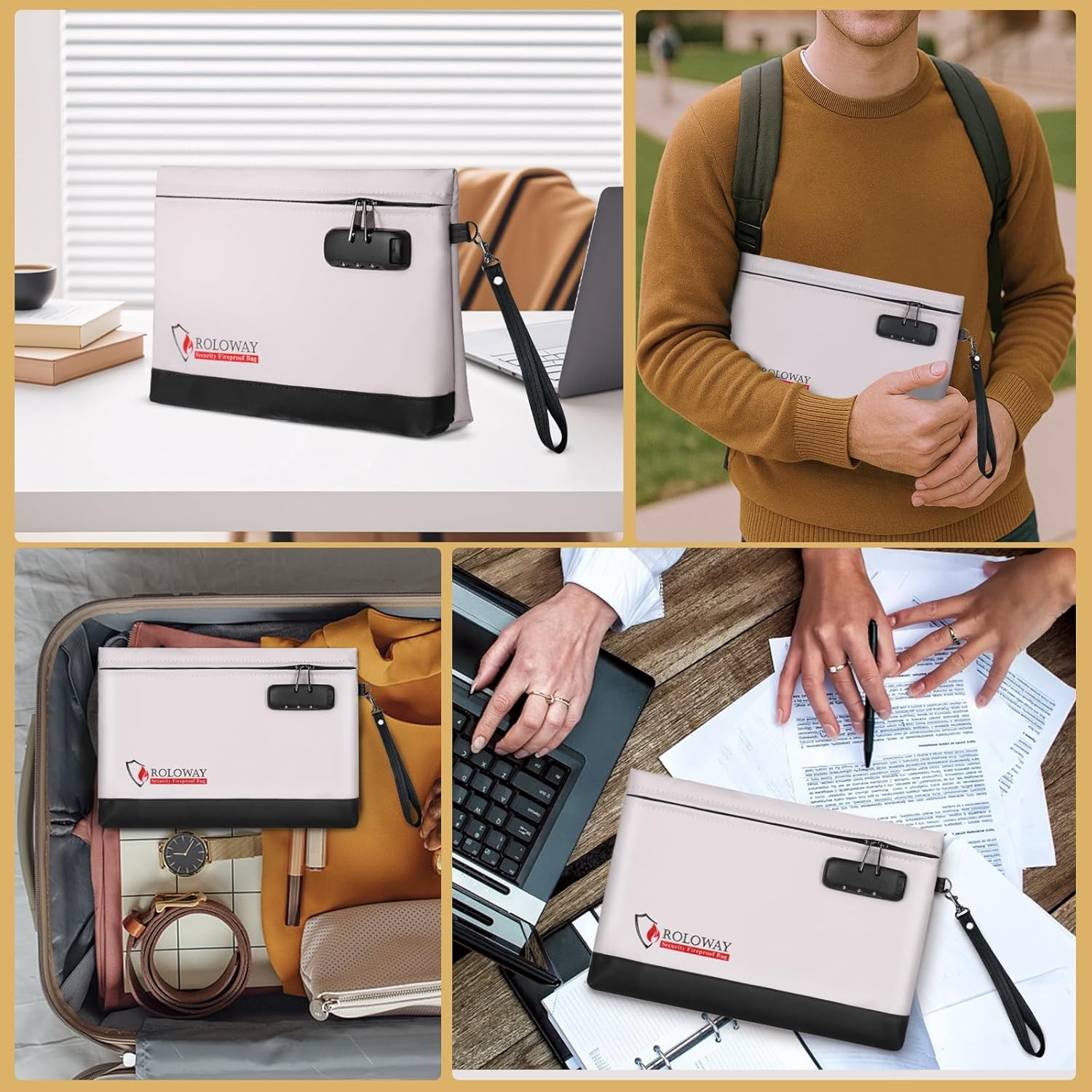 ROLOWAY Fireproof Money Bag with Lock for Cash, 6400°F Fire Proof Document Bag (12.2 x 8.5 x1.6 inches), Money Pouch with Zipper (Gray)