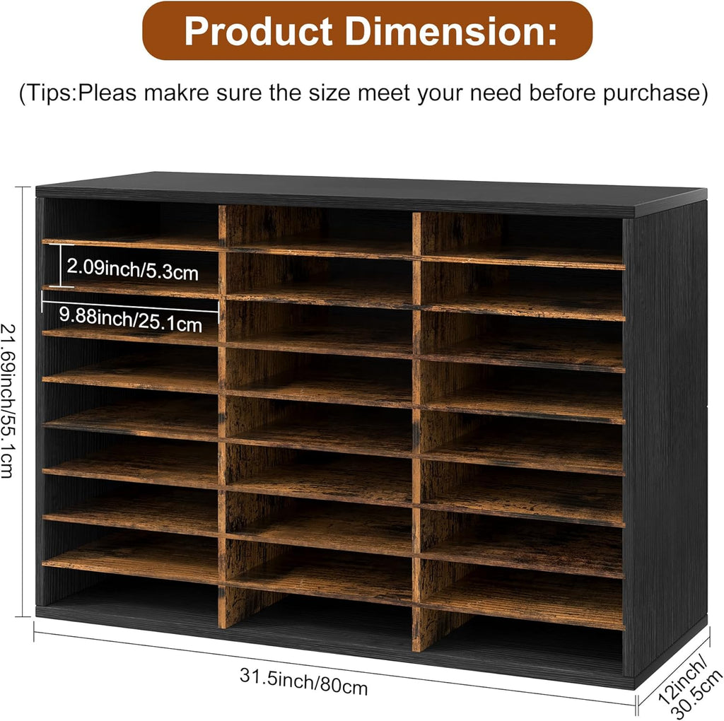 Mail Organizer Countertop, 27 Slots Wooden Desk File Literature Sorter, Adjustable Paper Storage Shelves Document Holder, Space Saving Desktop Mailbox for Office Classroom, Black/Rustic Brown