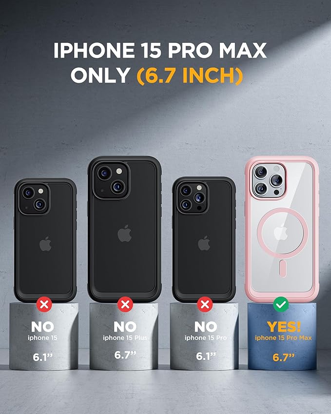 Miracase Magnetic for iPhone 15 Pro Max Case 6.7'' [Compatible with Magsafe] Full-Body Military Drop Proof for iPhone 15 ProMax Case with Built-in 9H Tempered Glass Screen Protector,Pink