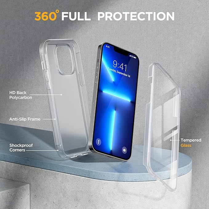 Miracase Glass Case for iPhone 13 Pro Max 6.7 inch, Upgrade Full-Body Clear Phone Bumper Case Cover with Built-in 9H Tempered Glass Screen Protector, Matte Clear