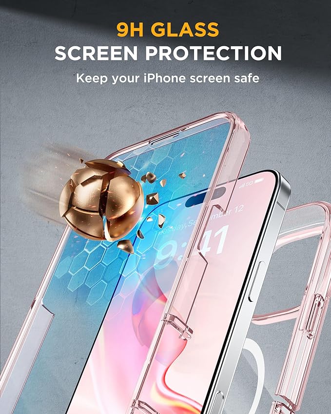 Miracase for iPhone 16 Pro Case Full-Body Phone with Built-in Glass Screen Protector, [Compatible with MagSafe] Military Drop Proof 16 Pro Cover Bumper 6.3 inch, Clear Pink
