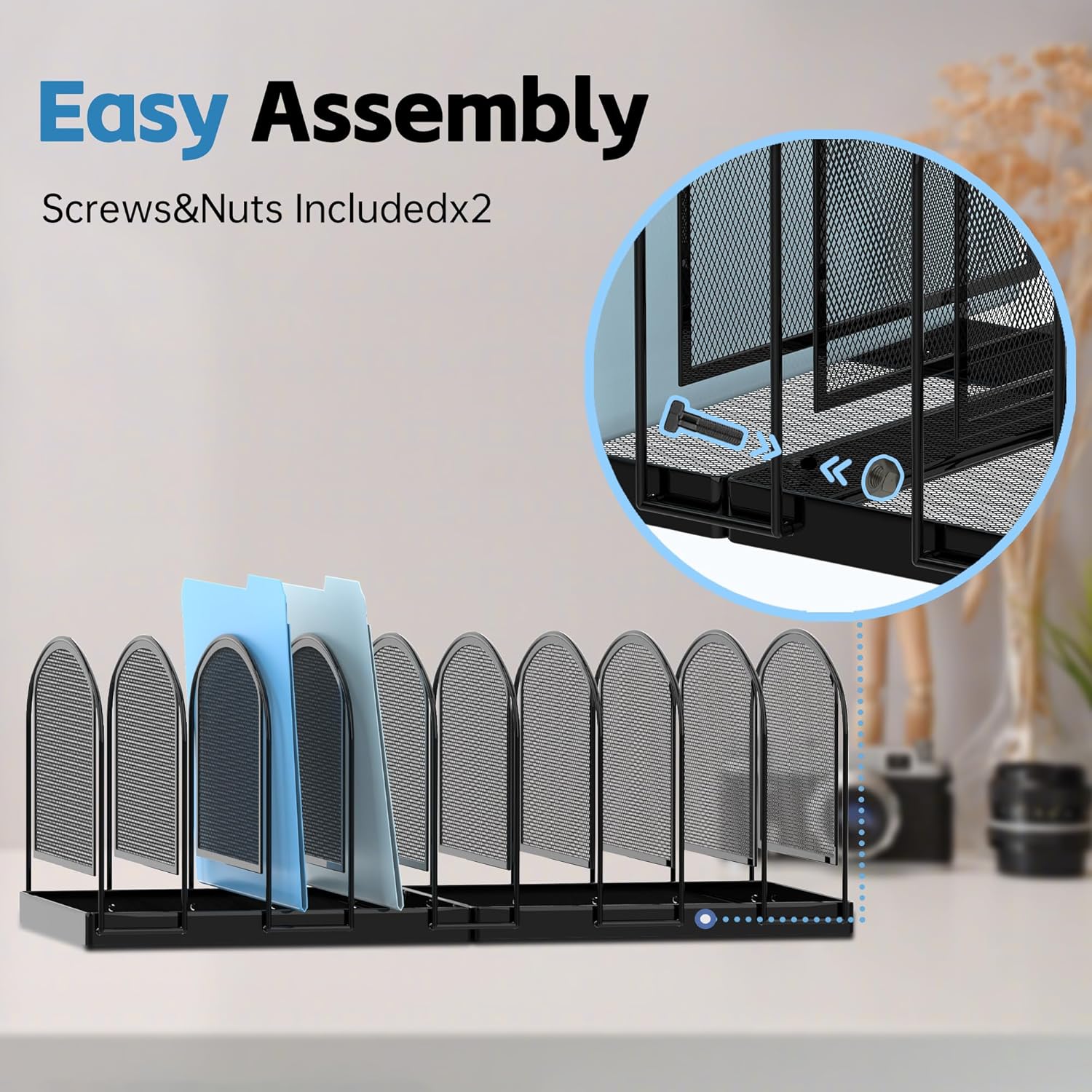 SUPEASY File Organizer for Desk, 9-Section Mesh Desk Organizer, Vertical File Holder Desktop Organizer File Sorter, File Folder Holder for Office Supplies, Black